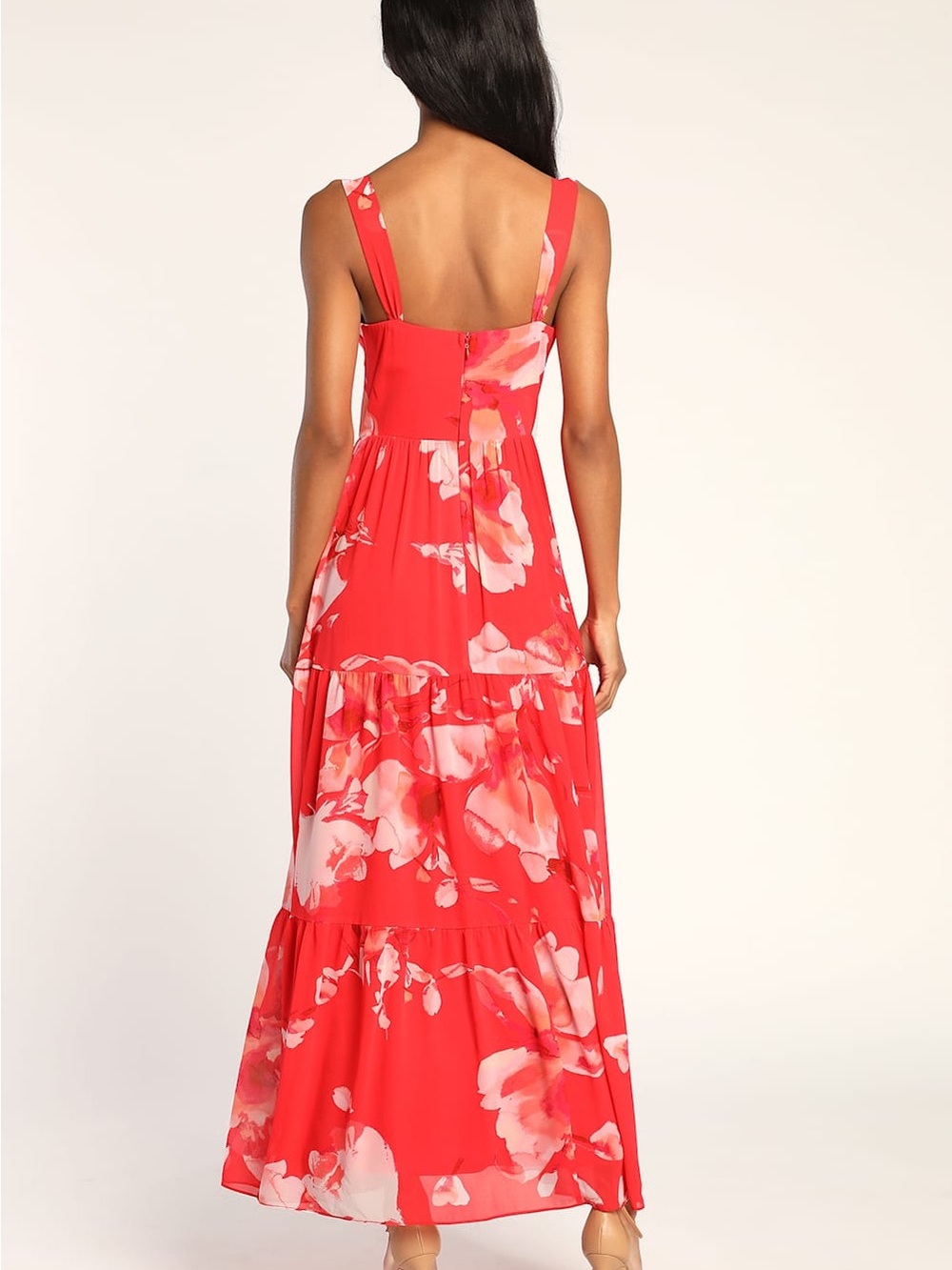 Lulus Red Pink Floral Bustier Tiered Maxi Dress Size Small - Picture 2 of 12